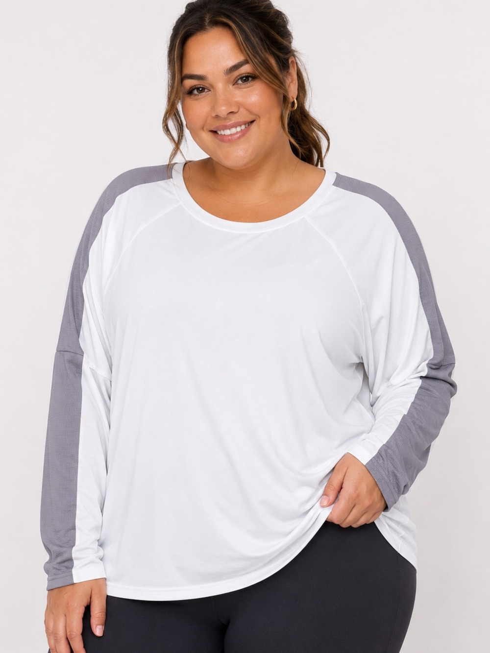 Fabletics White Long-Sleeve Tee with Gray Raglan Sleeves